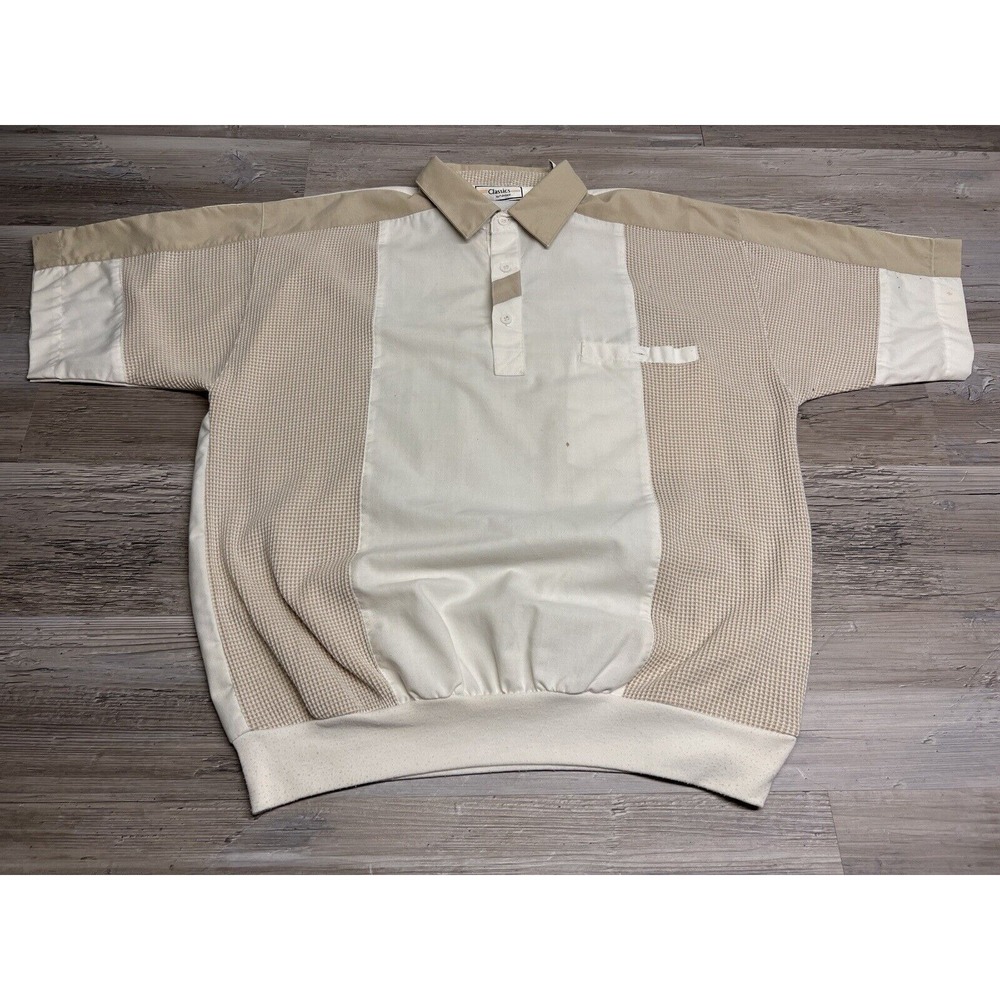Vintage Polo Shirt Banded Bottom Preppy Grandpa Palmland‎ Classics White Beige L